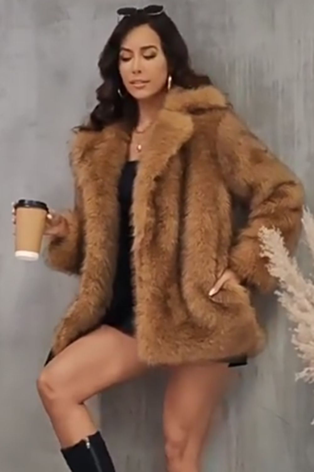 Brown Open Front Shaggy Faux Fur