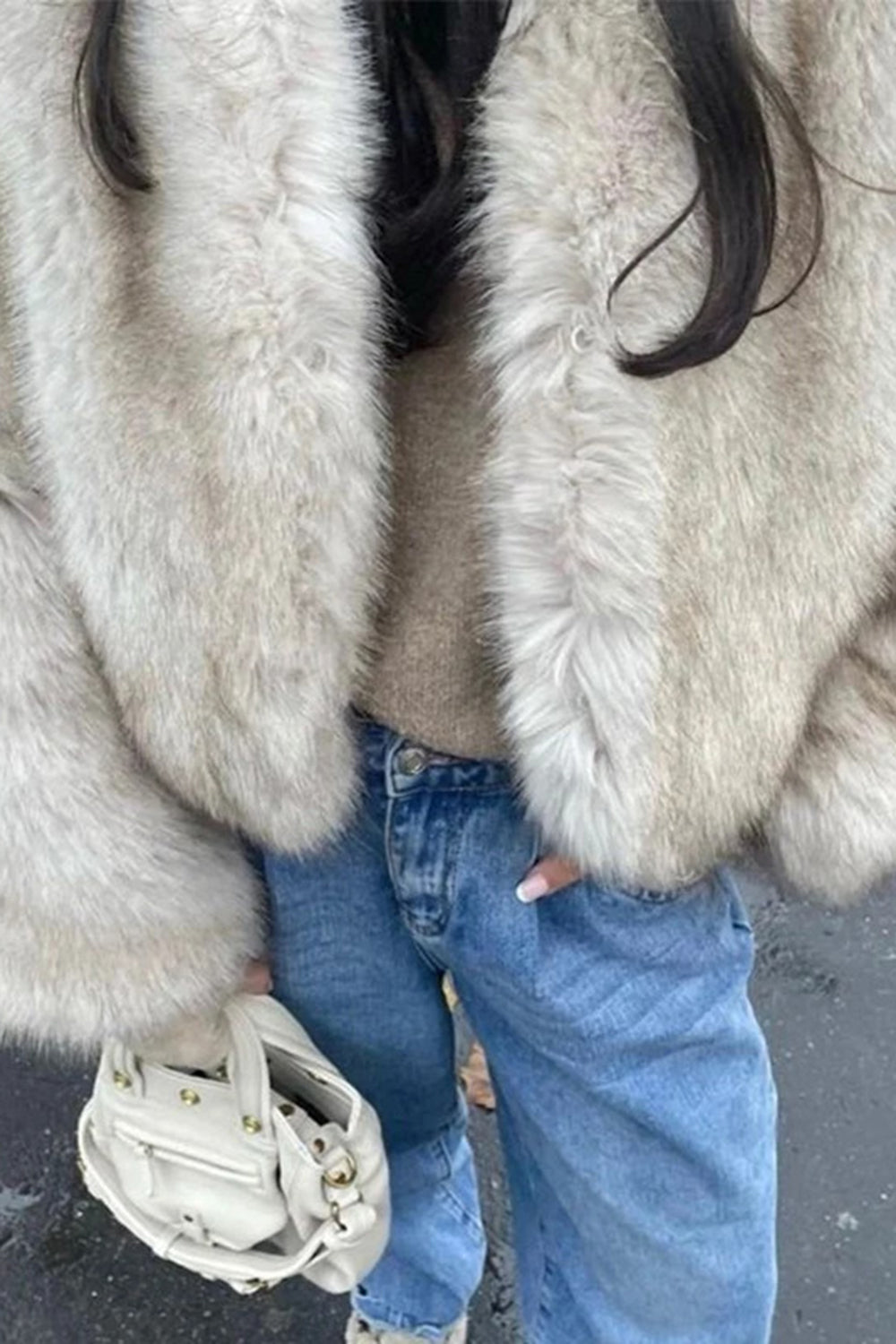 Black V Neck Midi Fitted Faux Fur