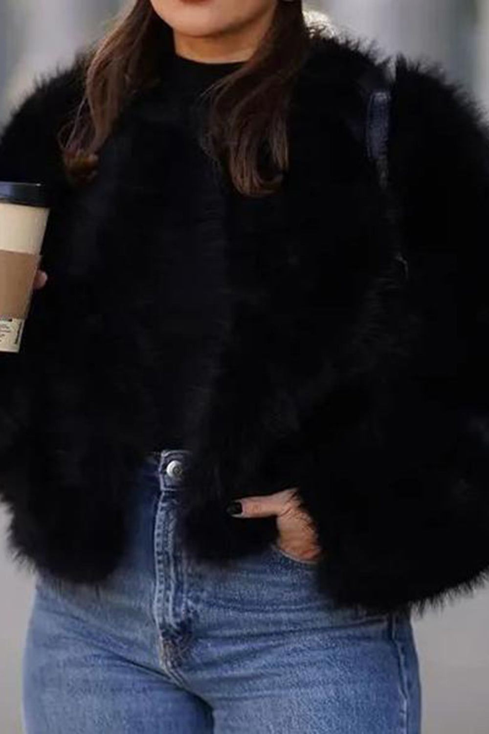 Black V Neck Midi Fitted Faux Fur