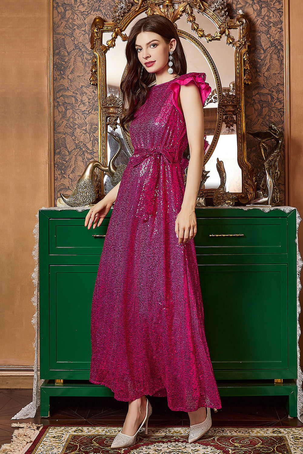 Fuchsia Ruffle Sleeves Long Ball Dress