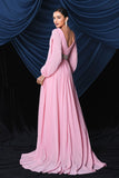 Pink Chiffon Long Sleeves Ball Dress With Slit