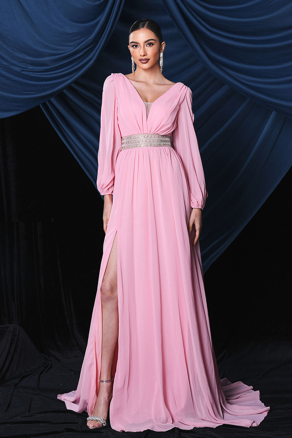 Pink Chiffon Long Sleeves Ball Dress With Slit