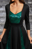 Sparkly Black Green Sequined A Line Ball Dress With Long Sleeves