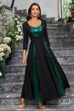Sparkly Black Green Sequined A Line Ball Dress With Long Sleeves