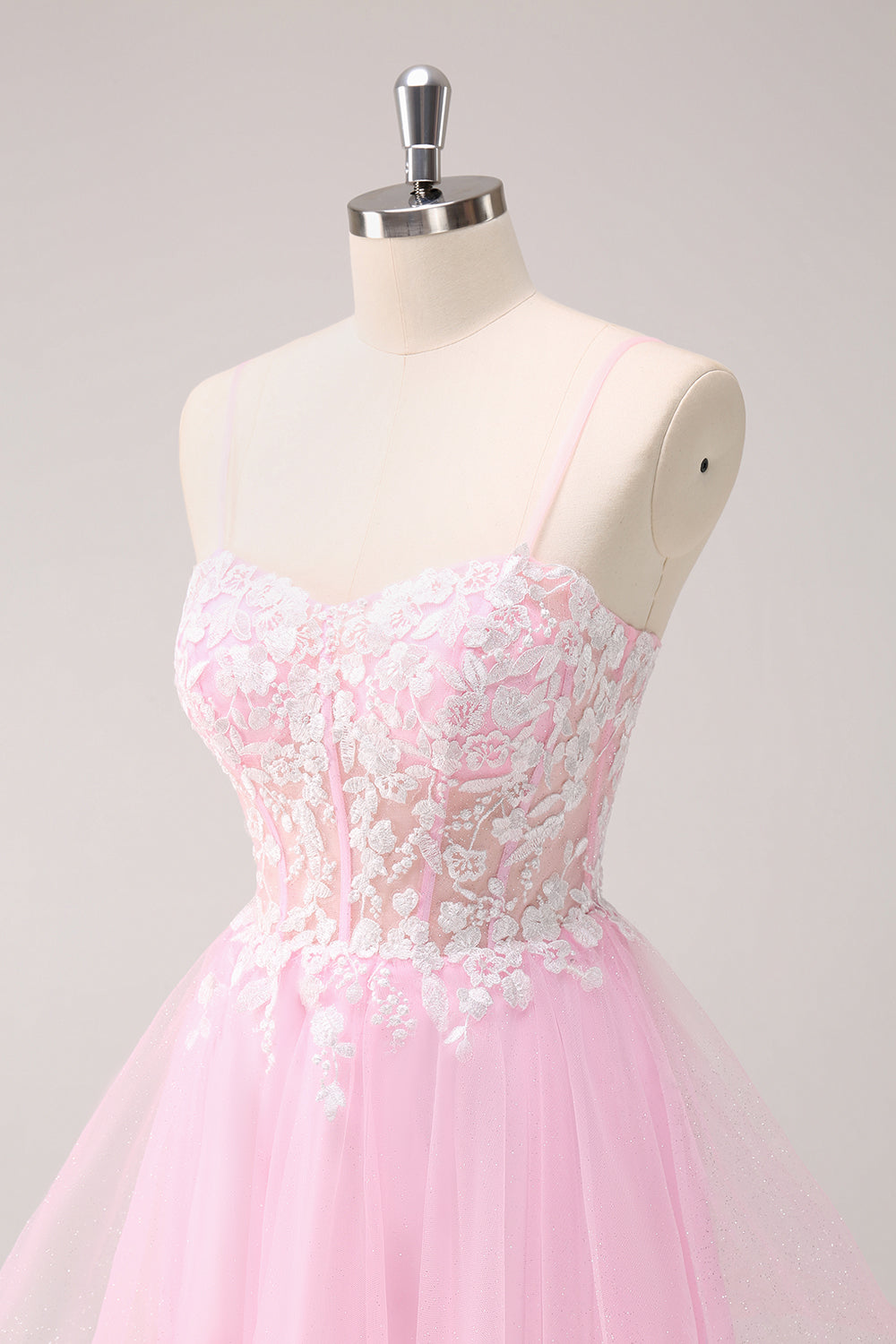 Pink A Line Spaghetti Straps Tulle Corset Homecoming Dress with Appliques