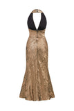 Golden Halter Neck Mermaid Satin Midi Cocktail Dress