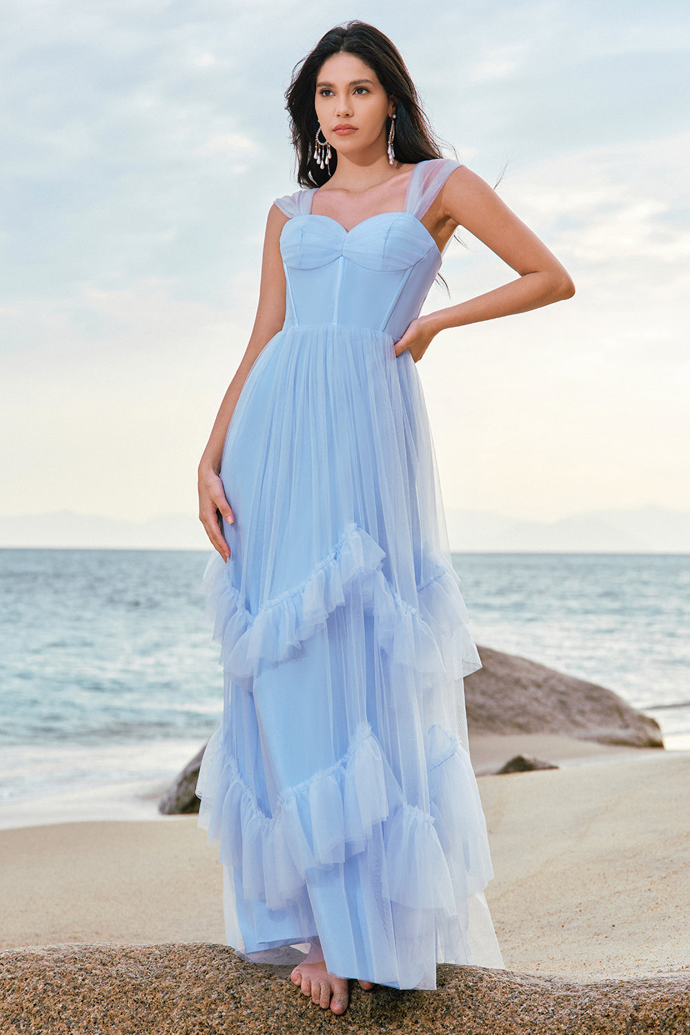 Blue Tulle Corset Spaghetti Straps Bridesmaid Dress with Ruffles