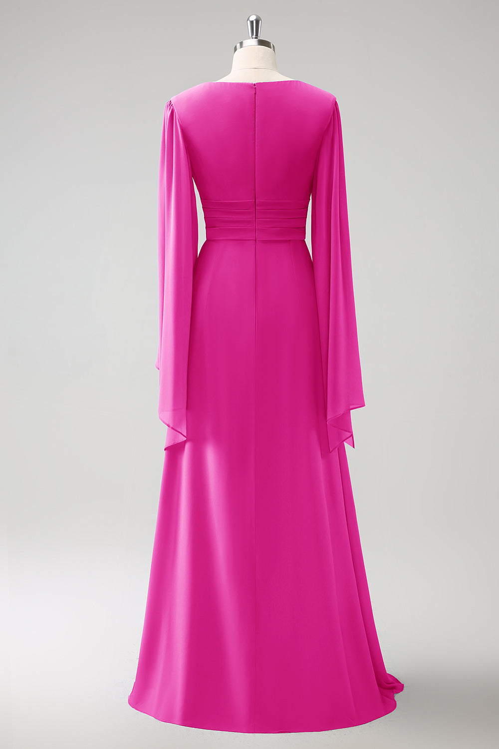 Fuchsia A Line Long Sleeves Chiffon Bridesmaid Dress with Slit