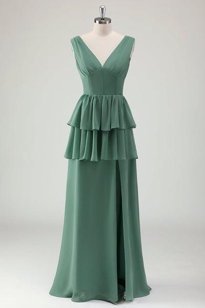 ZAPAKA Women Eucalyptus Bridesmaid Dress with Slit A Line V-Neck Ruffled  Long Wedding Guest Dress – ZAPAKA NZ