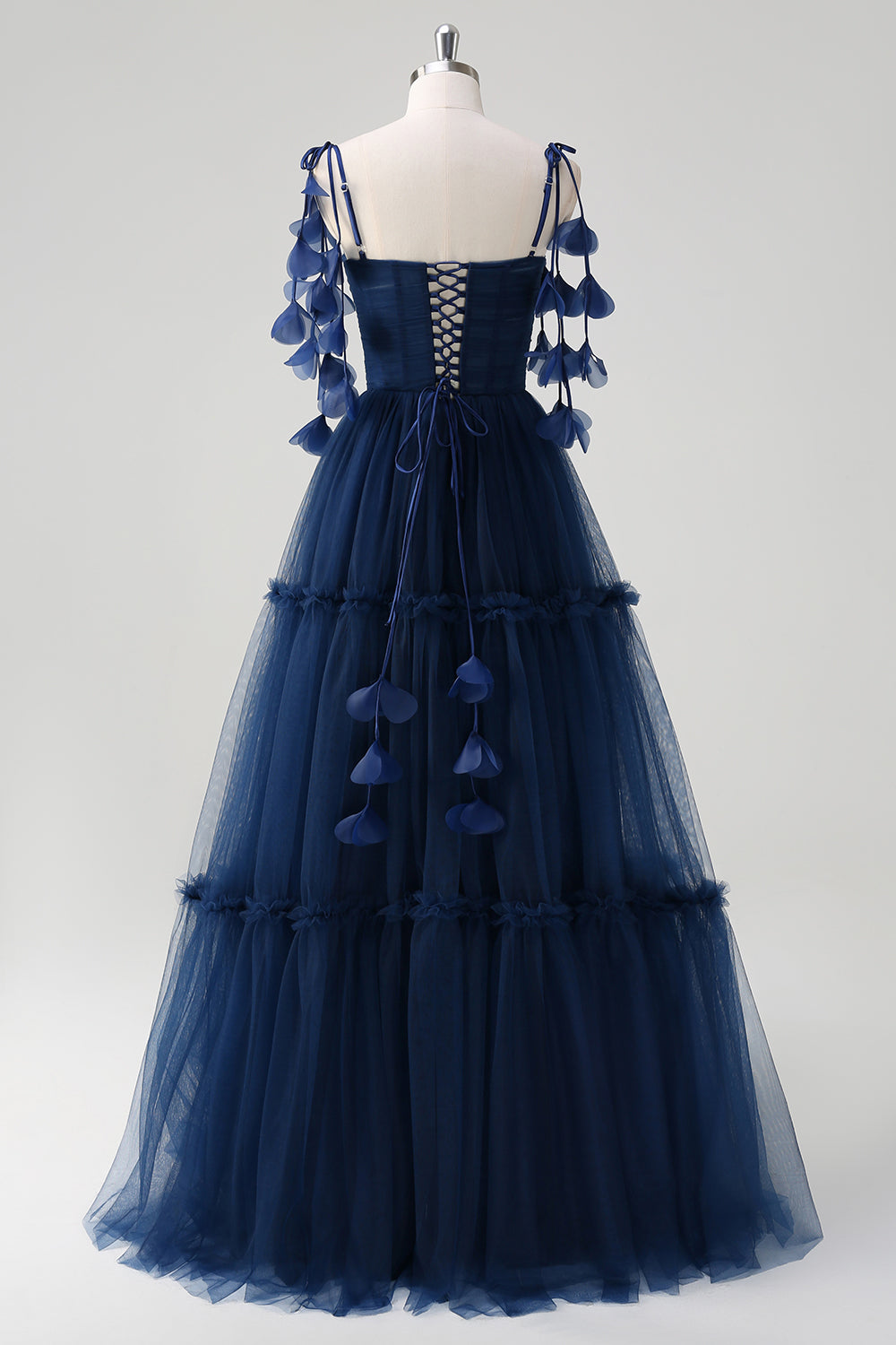 Navy A-Line Spaghetti Straps Flowers Corset Ruffles Tulle Long Bridesmaid Dress