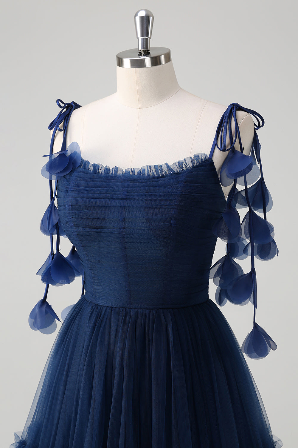 Navy A-Line Spaghetti Straps Flowers Corset Ruffles Tulle Long Bridesmaid Dress