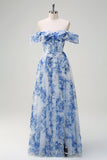 White Blue Floral Off the Shoulder A-Line Bridesmaid Dress with Slit