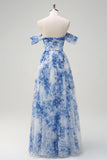 White Blue Floral Off the Shoulder A-Line Bridesmaid Dress with Slit