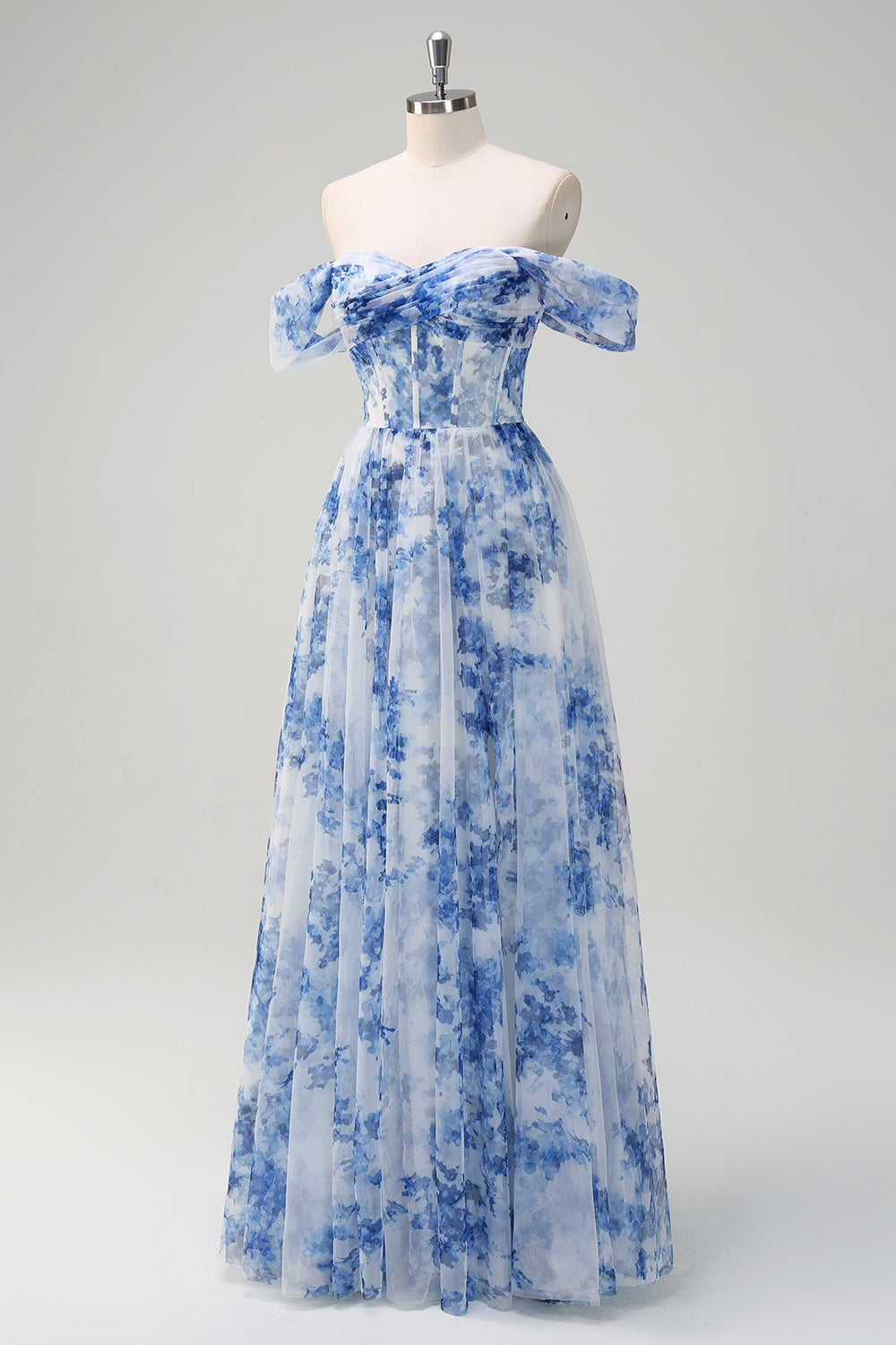 White Blue Floral Off the Shoulder A-Line Bridesmaid Dress with Slit