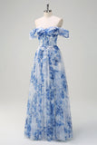 White Blue Floral Off the Shoulder A-Line Bridesmaid Dress with Slit