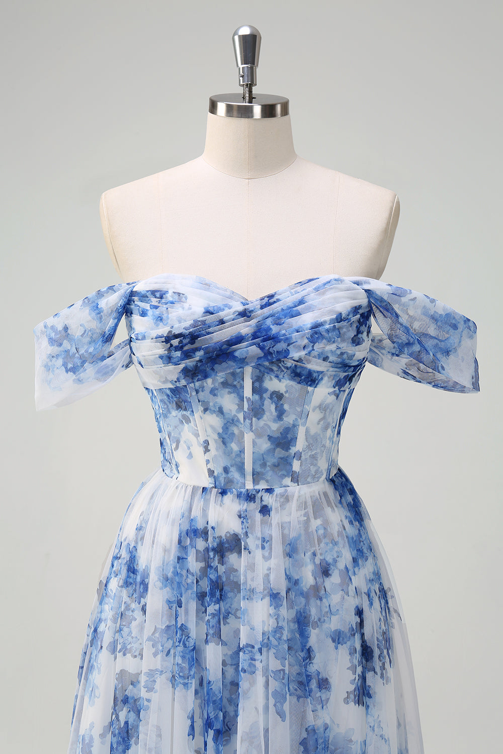 White Blue Floral Off the Shoulder A-Line Bridesmaid Dress with Slit