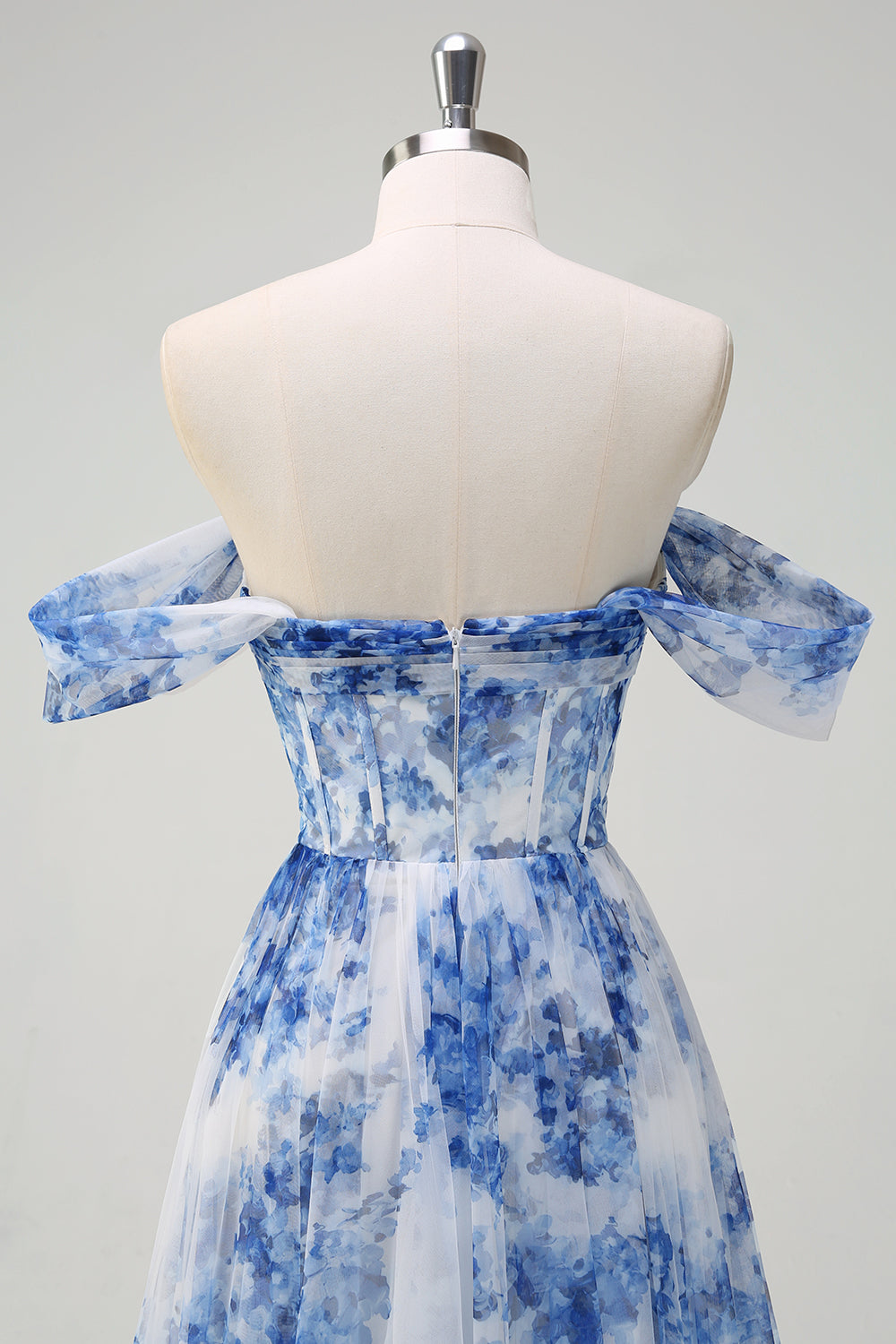 White Blue Floral Off the Shoulder A-Line Bridesmaid Dress with Slit