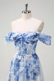 White Blue Floral Off the Shoulder A-Line Bridesmaid Dress with Slit