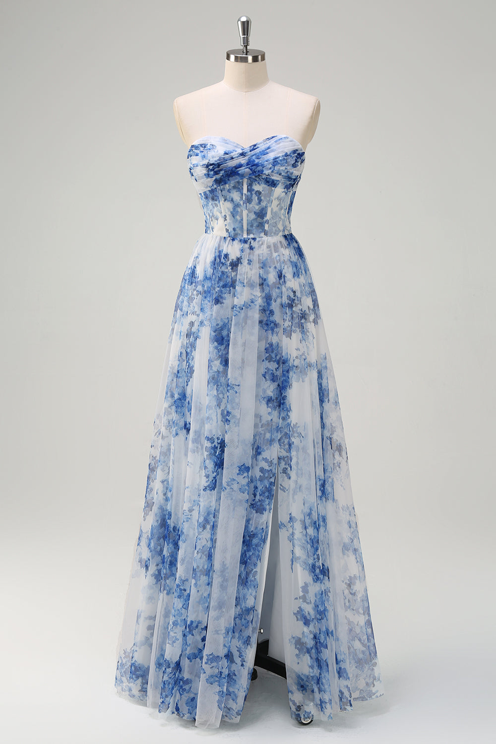 White Blue Floral Off the Shoulder A-Line Bridesmaid Dress with Slit