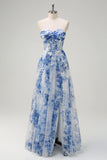 White Blue Floral Off the Shoulder A-Line Bridesmaid Dress with Slit