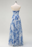 White Blue Floral Off the Shoulder A-Line Bridesmaid Dress with Slit