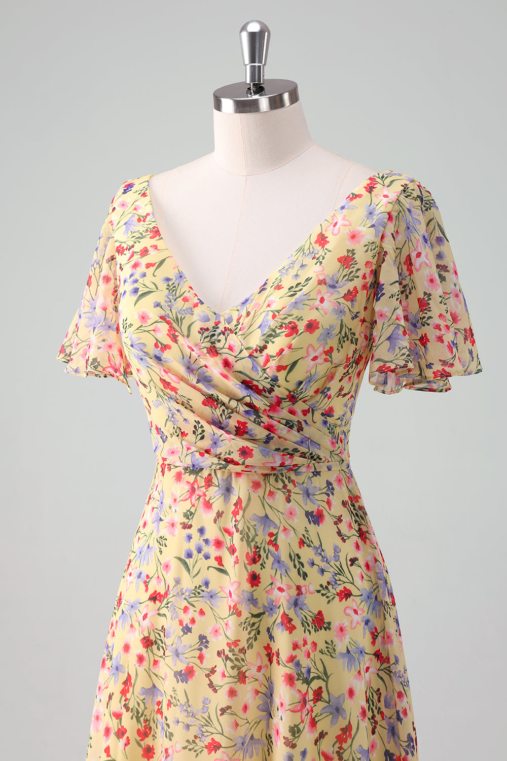 Yellow Flower Printed Chiffon A-Line V-neck Short Sleeves Long Ball Dress