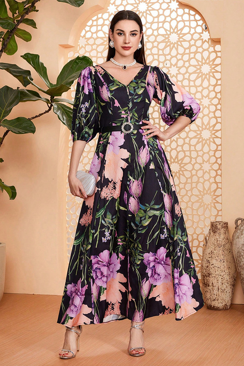 Black Floral A-Line V Neck Long Ball Dress with Belt