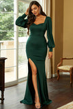 Dark Green Mermaid Long Sleeves Long Ball Dress with Slit