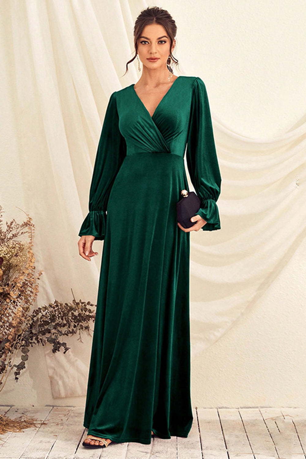 Dark Green V Neck Velvet Wrap Long Ball Dress with Long Sleeves
