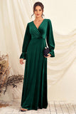 Dark Green V Neck Velvet Wrap Long Ball Dress with Long Sleeves