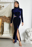 Dark Blue Mermaid Halter Neck Ball Dress with Slit