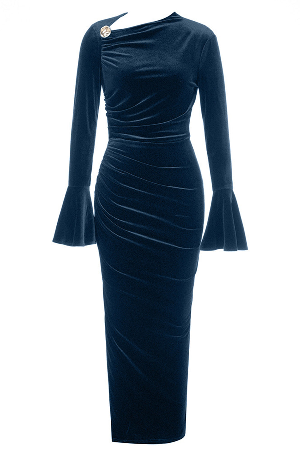 Peacock Blue Mermaid Velvet Long Sleeves Ball Dress with Slit