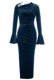 Peacock Blue Mermaid Velvet Long Sleeves Ball Dress with Slit