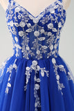 Sparkly A-Line Royal Blue Spaghetti Straps Corset Long Ball Dress