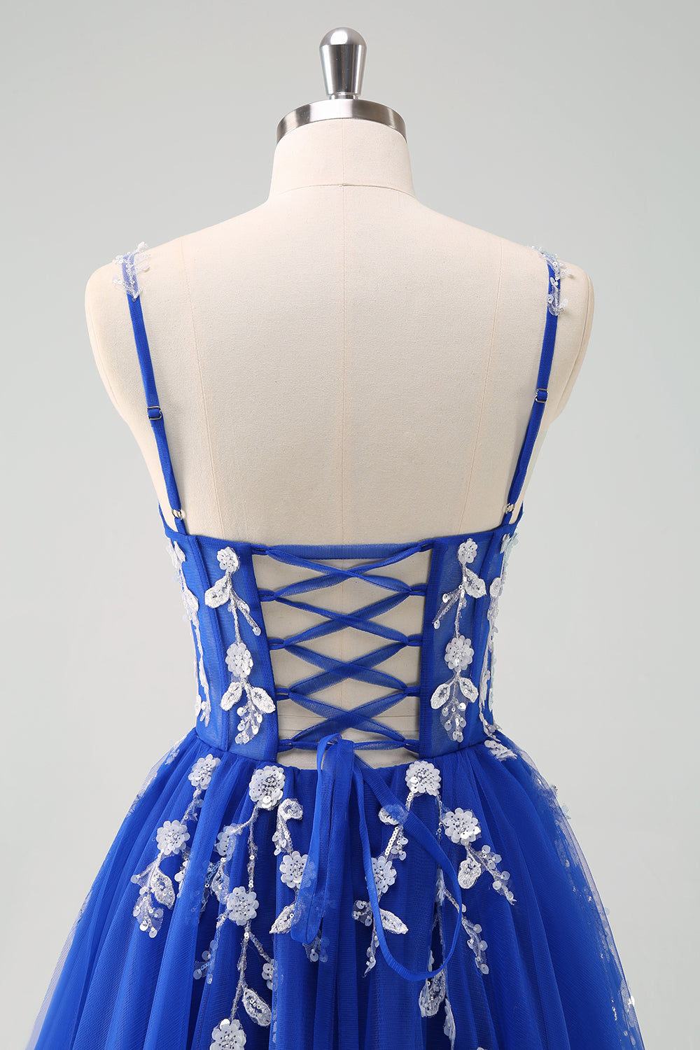 Sparkly A-Line Royal Blue Spaghetti Straps Corset Long Ball Dress