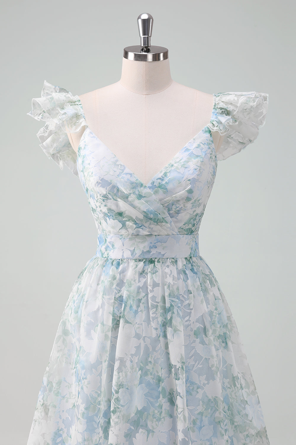 Light Blue Flower Printed A-Line Cap Sleeves Long Ball Dress