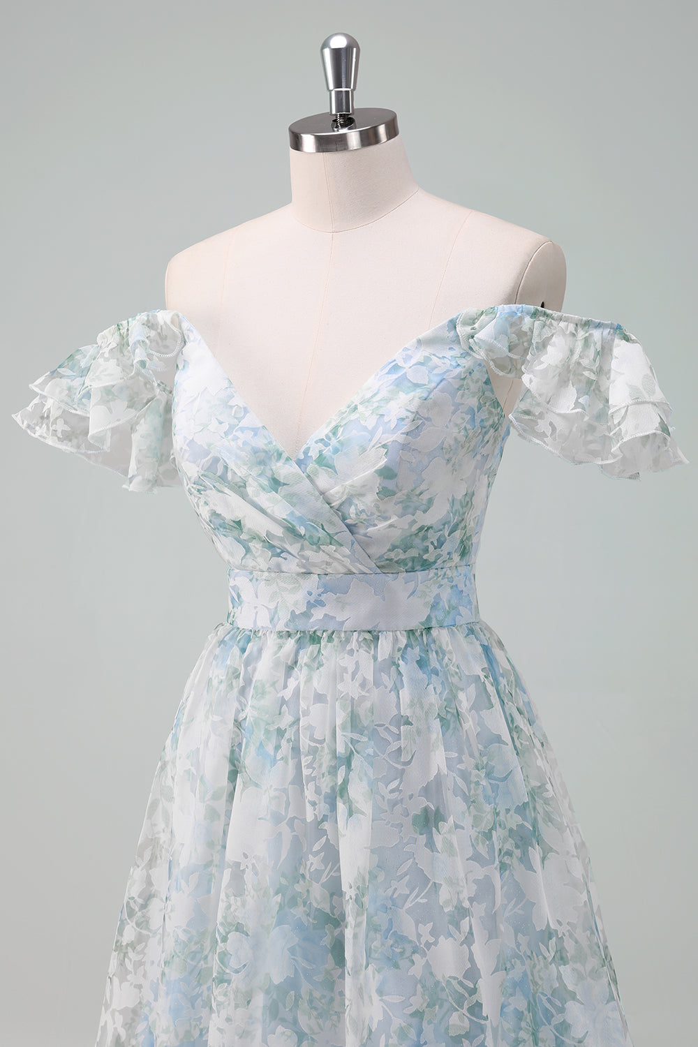 Light Blue Flower Printed A-Line Cap Sleeves Long Ball Dress