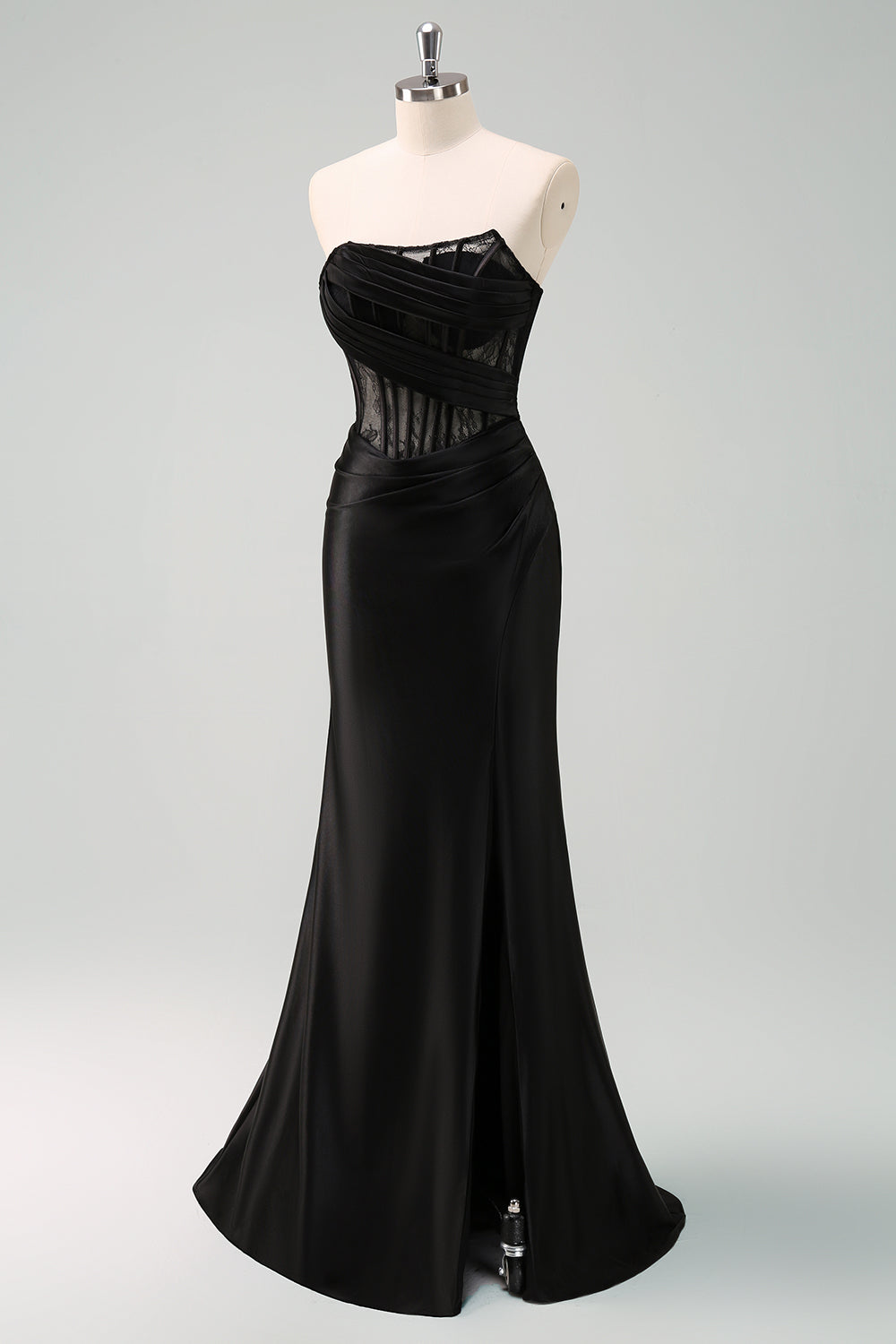 Black Strapless Mermaid Ruched Corset Long Ball Dress