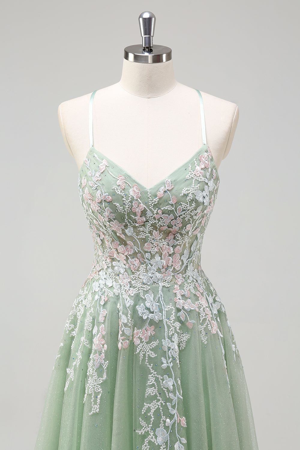 Sage A Line Spaghetti Straps Tulle Long Prom Dress With Appliques