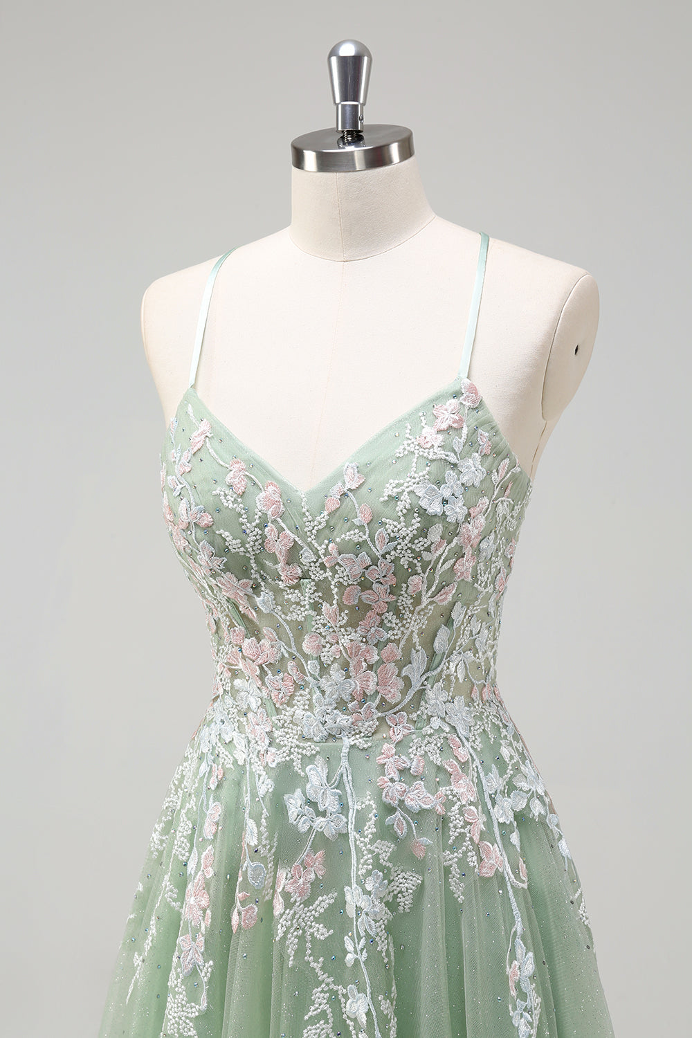 Sage A Line Spaghetti Straps Tulle Long Prom Dress With Appliques