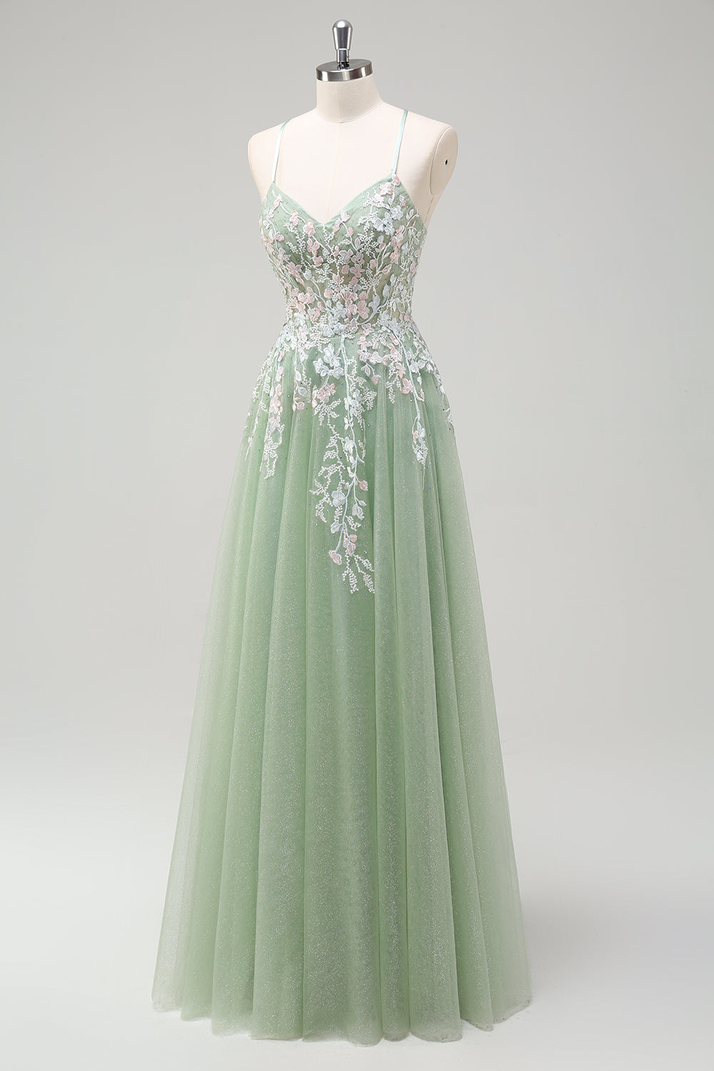 Sage A Line Spaghetti Straps Tulle Long Prom Dress With Appliques
