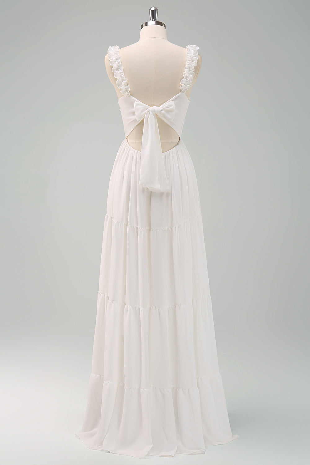 A-Line White Spaghetti Straps Pleated Long Ball Dress with Bow