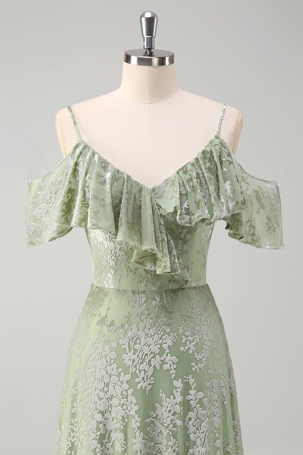 Dusty Sage A Line Velvet Printed Long Bridesmaid Dress With Slit