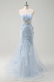 Blue Mermaid Spaghetti Straps Tulle Long Corset Prom Dress With 3D Flowers