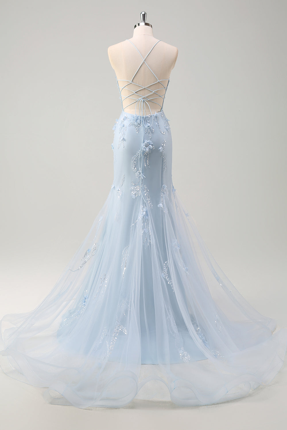 Pink Mermaid Spaghetti Straps Tulle Long Corset Prom Dress With 3D Flowers