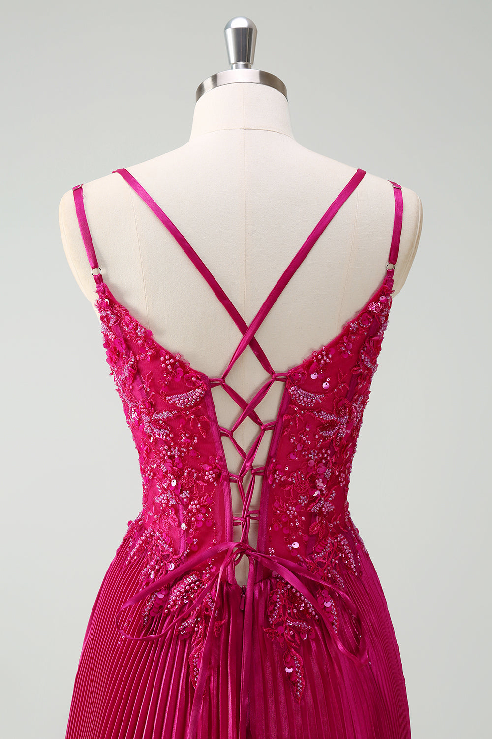 Fuchsia Sheath Spaghetti Straps Pleated Long Corset Prom Dress With Appliques