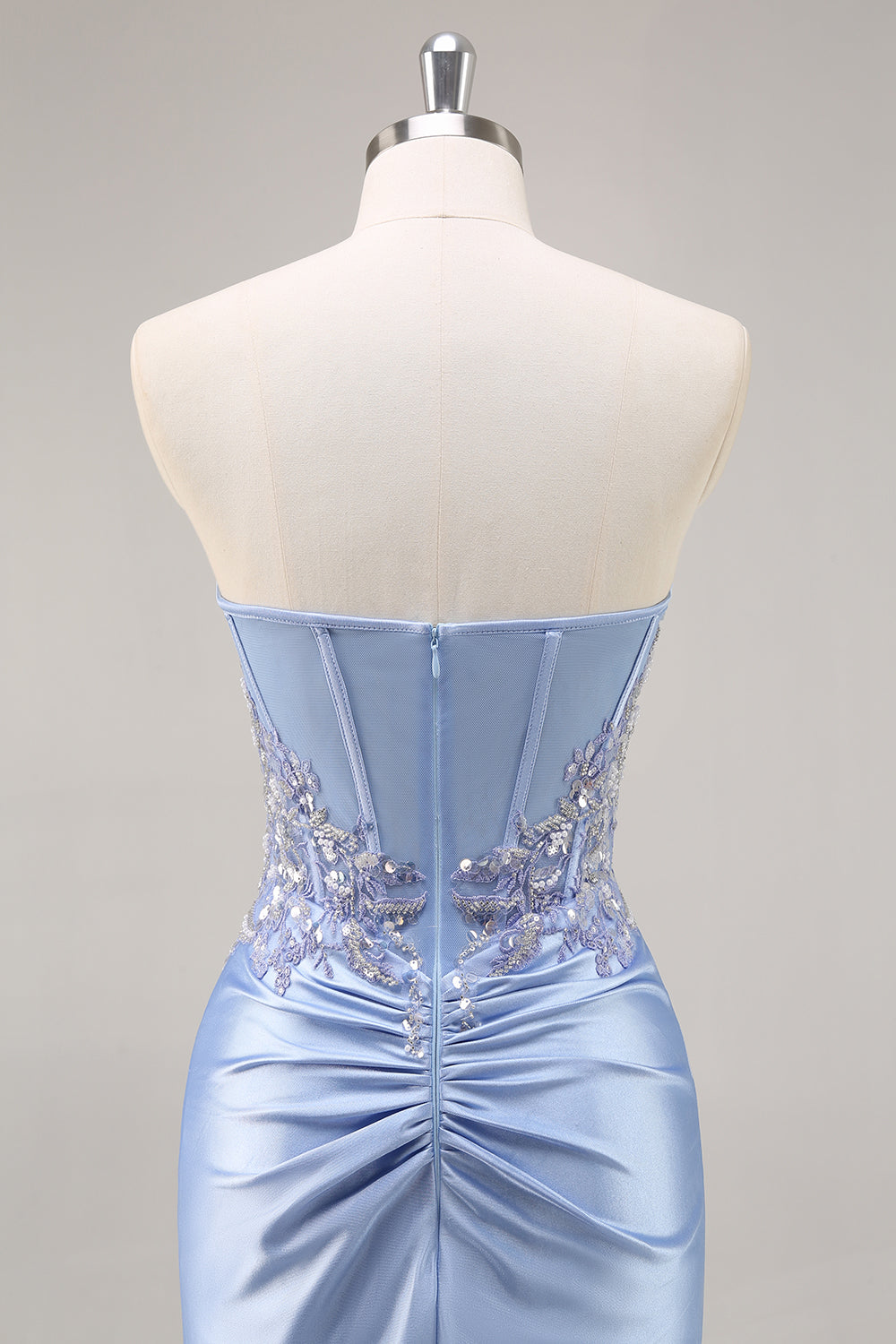 Sparkly Blue Mermaid Corset Satin Long Prom Dress with Slit