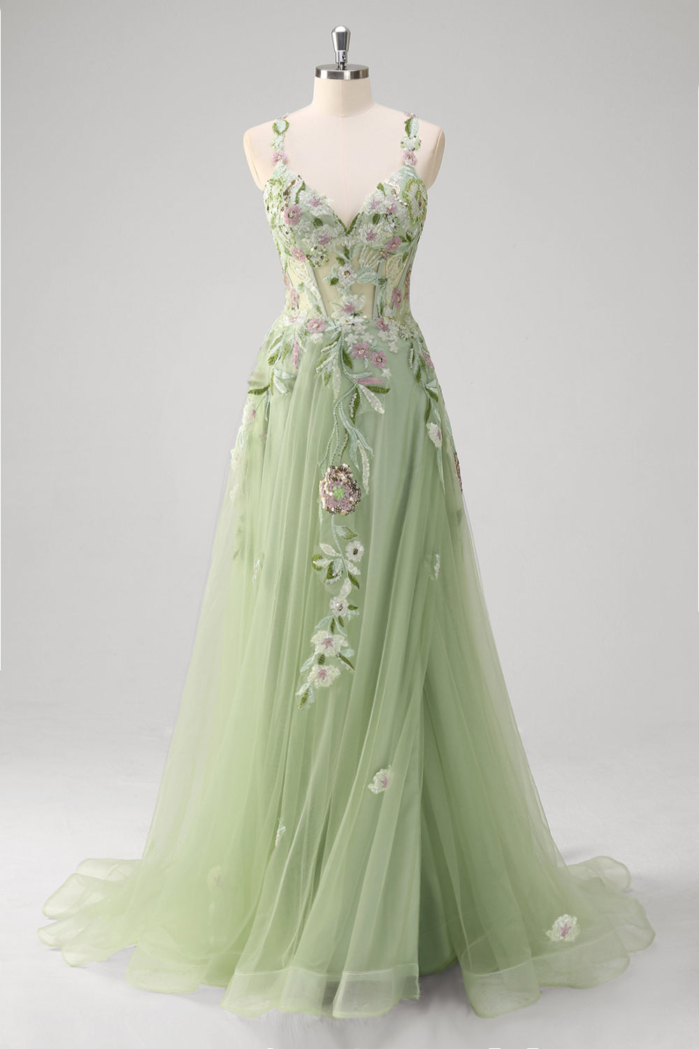 Green A Line Tulle Sequin Applique Corset Long Prom Dress with Slit