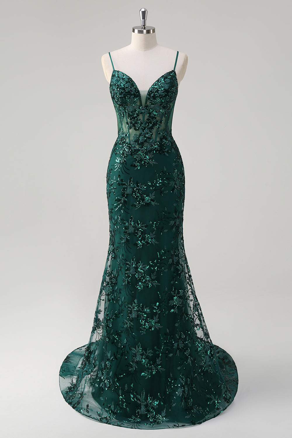 Sparkly Mermaid Royal Blue Spaghetti Straps Corset Sequin Long Ball Dress with Embroidery