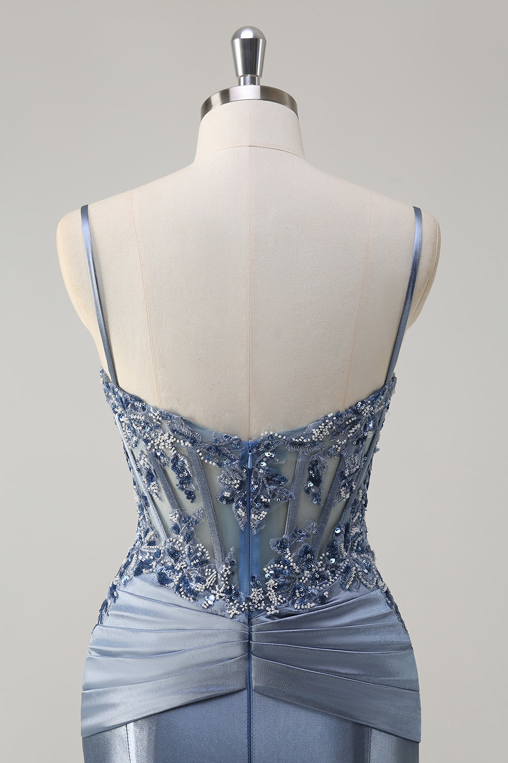 Sparkly Grey Blue Mermaid Spaghetti Straps Corset Appliqued Long Prom Dress